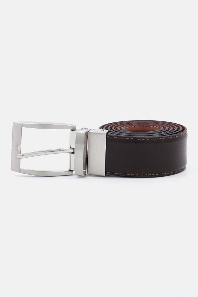 Men Brand Logo Leather Belt, Dark Brown