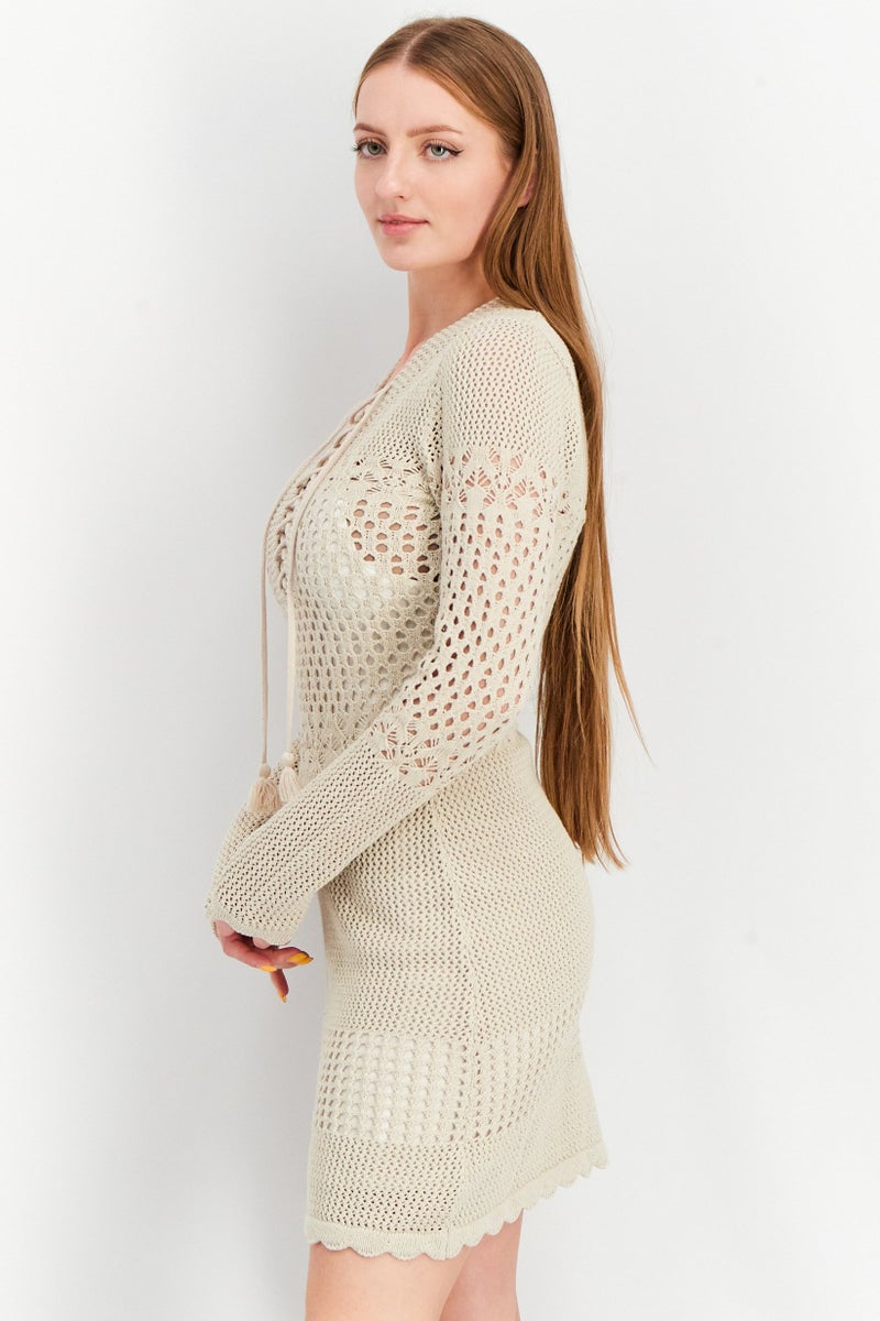 Women Knitted Mini Non-Party Dress, Tan