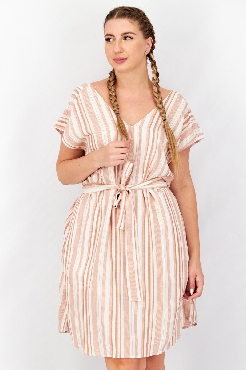 Women Belted Stripe Mini Dress, Pink Combo