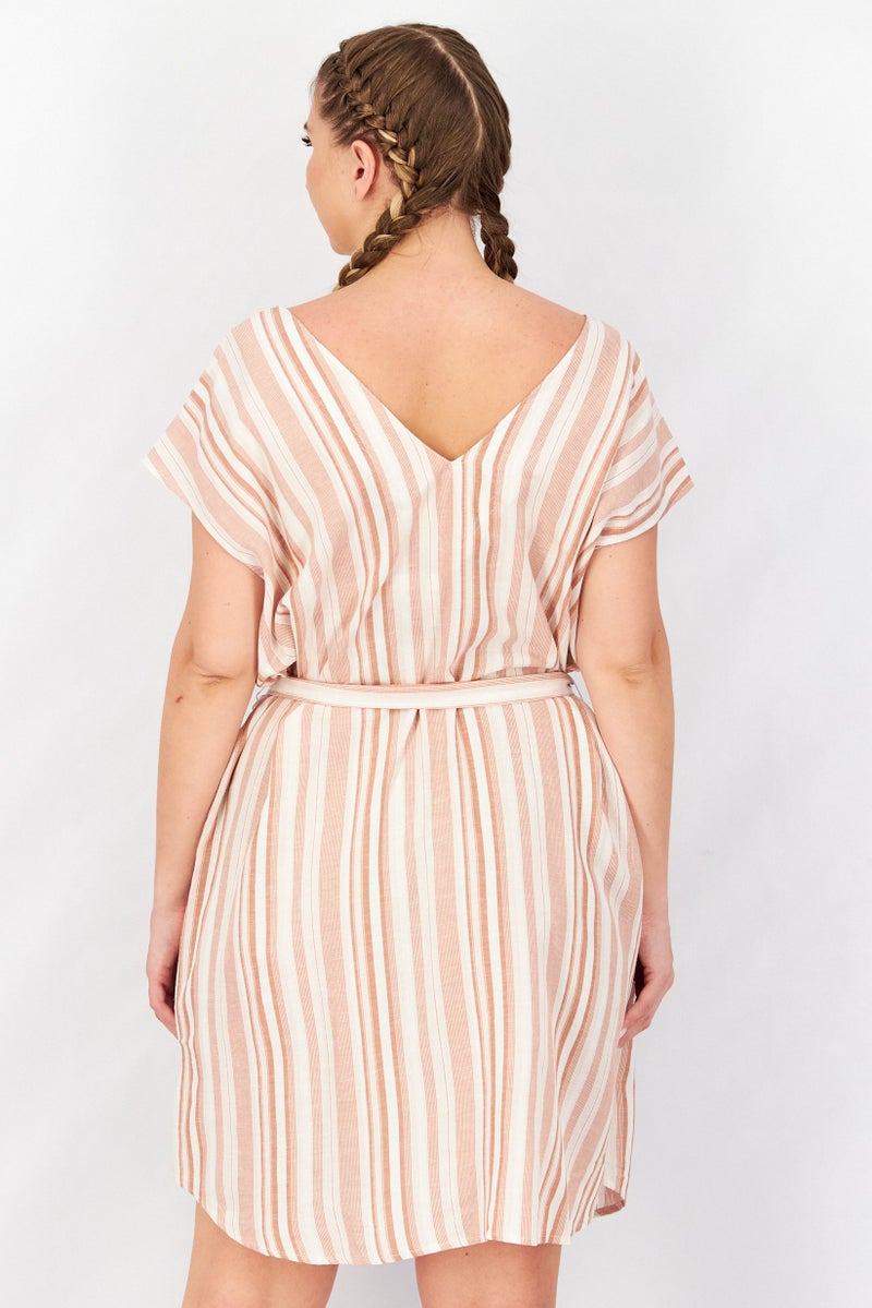 Women Belted Stripe Mini Dress, Pink Combo