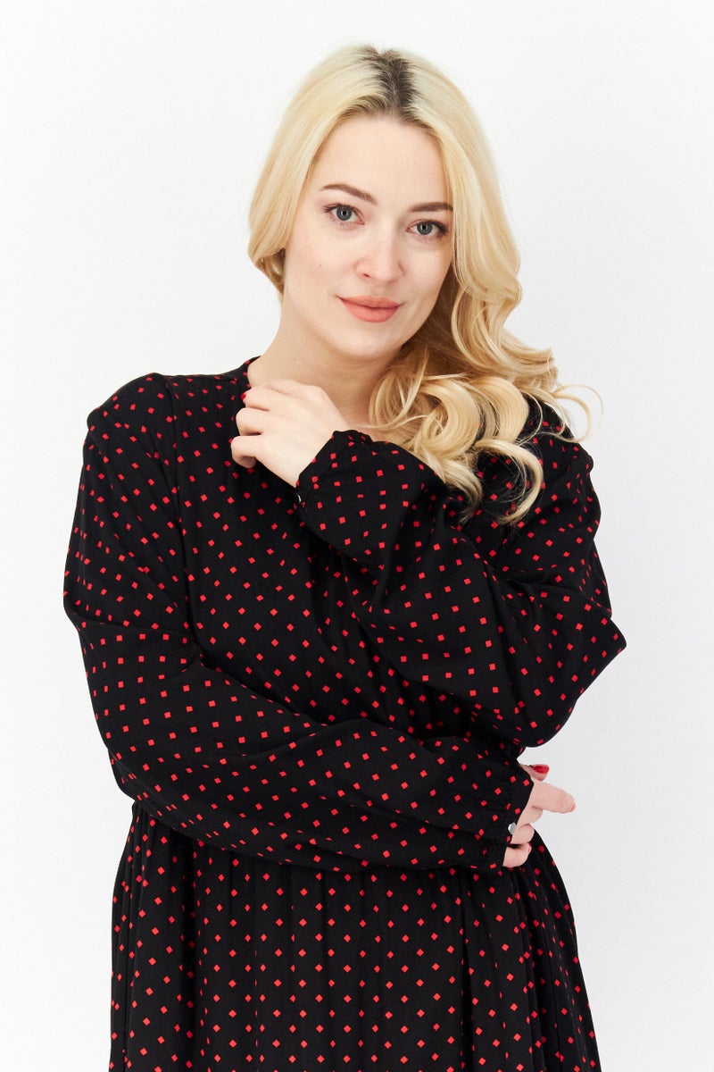 Women Diamond Print Midi Dress, Black