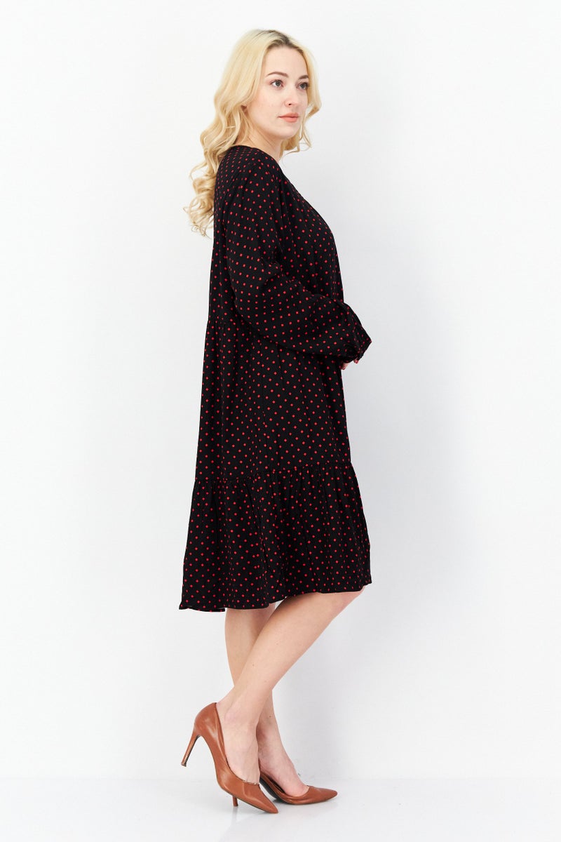 Women Diamond Print Midi Dress, Black