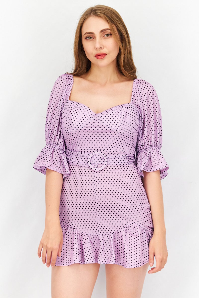 Women Petite Puffed Sleeve Polka Dot Cupped Belted Mini Dress, Lavender