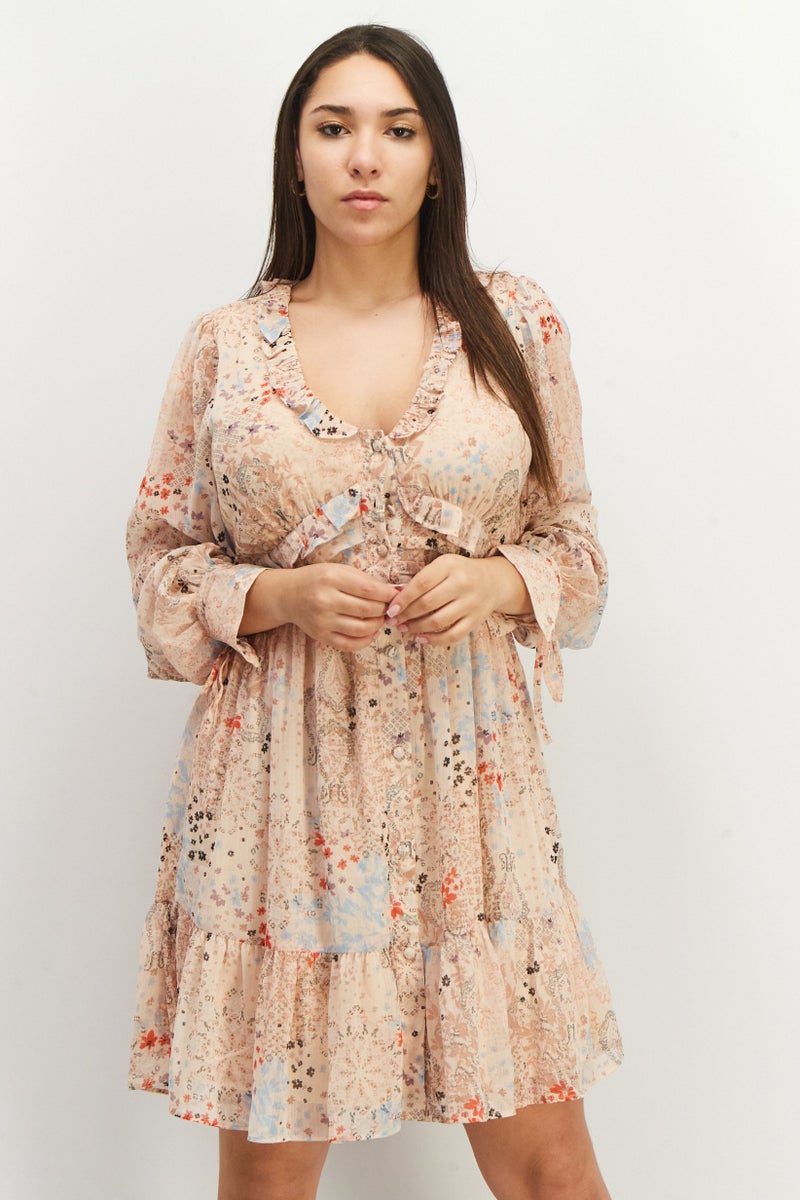 Women Long Sleeve Floral Print Mini Dress, Peach Combo