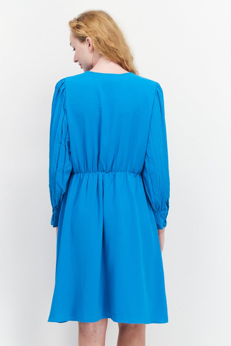 Women Plain Belted Mini Dress, Ocean Blue