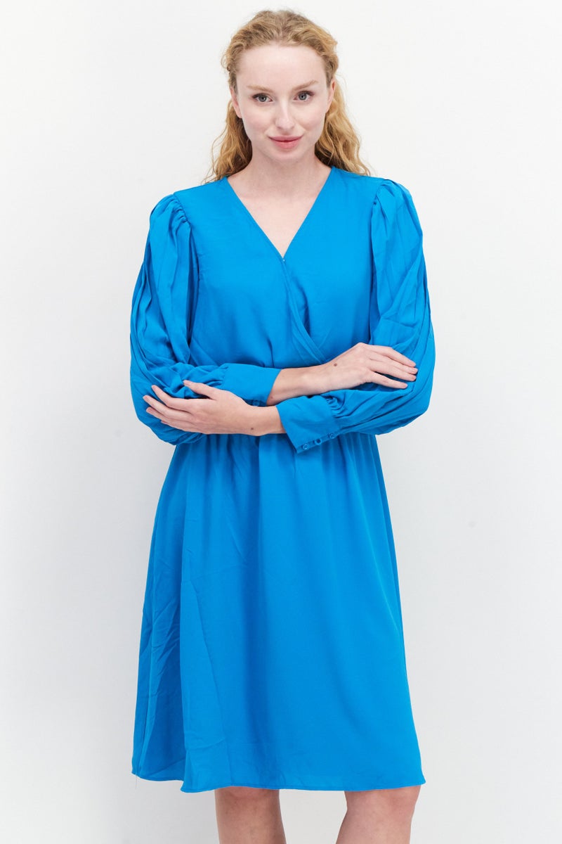 Women Plain Belted Mini Dress, Ocean Blue