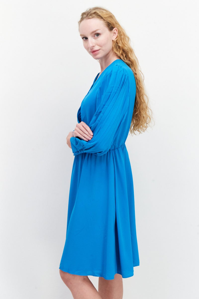 Women Plain Belted Mini Dress, Ocean Blue