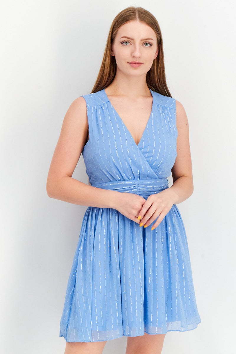 Women Textured Sleeveless Mini Dress, Blue/Silver