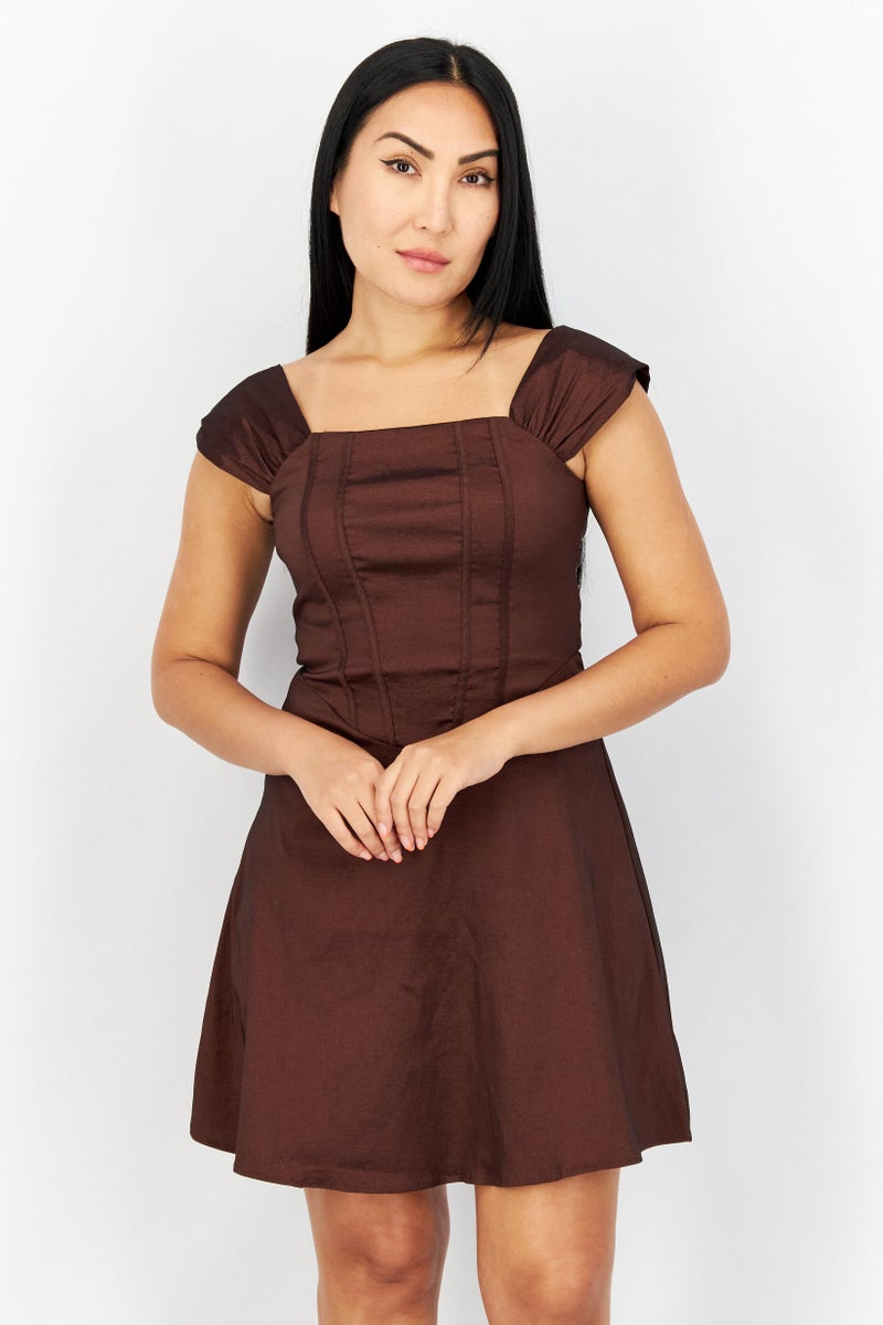 Women Solid Mini Party Dress, Brown