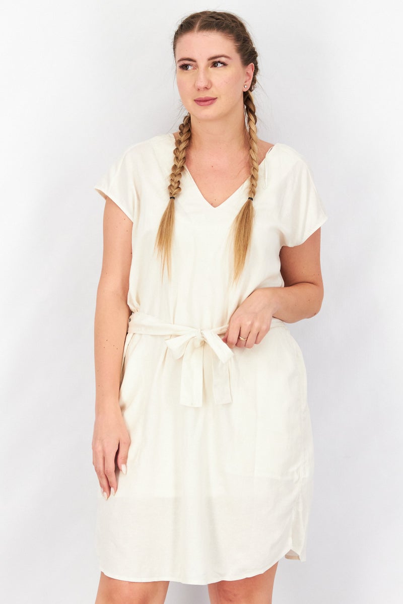 Women Plain Belted Tie Mini Dress, Cream