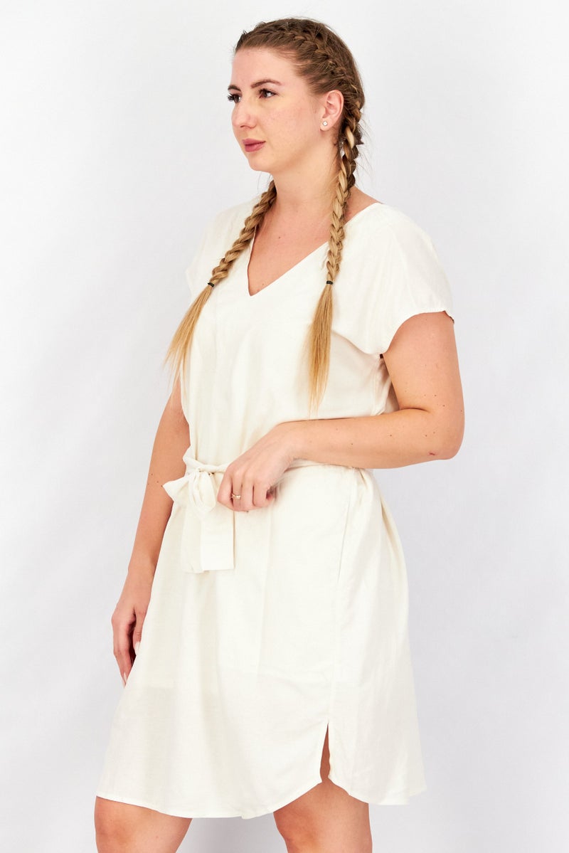 Women Plain Belted Tie Mini Dress, Cream