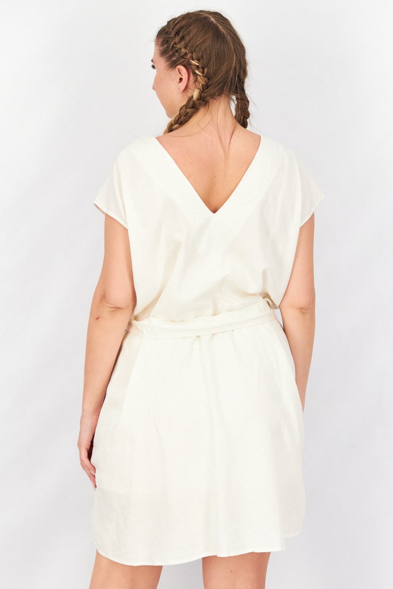 Women Plain Belted Tie Mini Dress, Cream