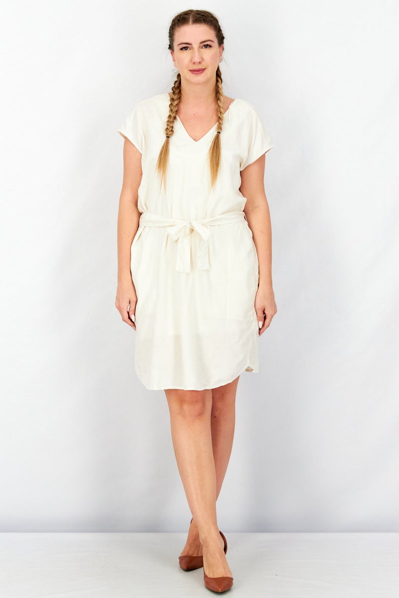 Women Plain Belted Tie Mini Dress, Cream