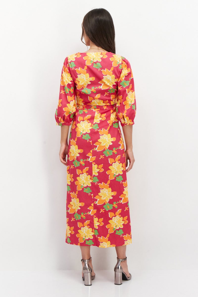 Women Allover Print Midi Dress, Pink Combo