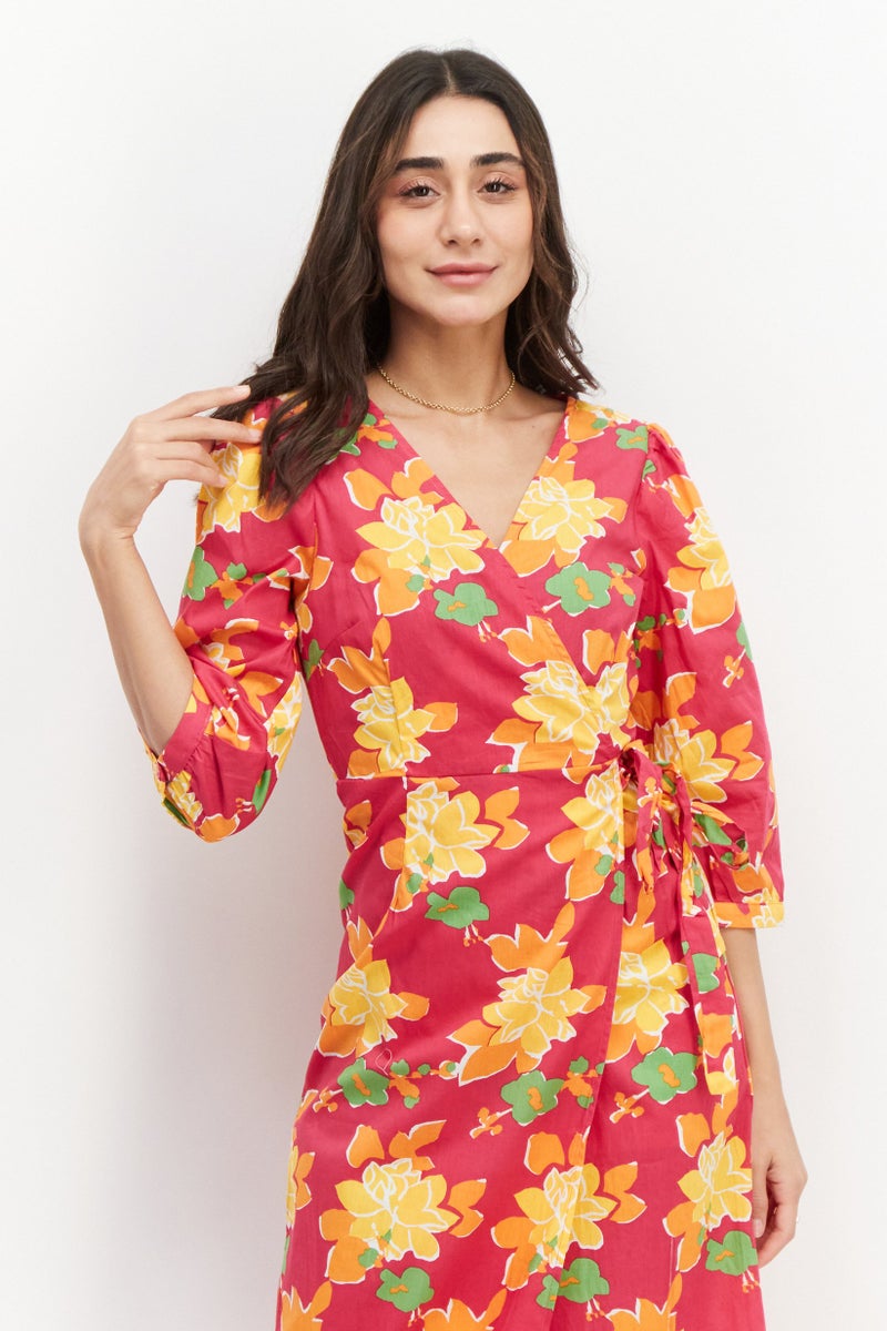 Women Allover Print Midi Dress, Pink Combo