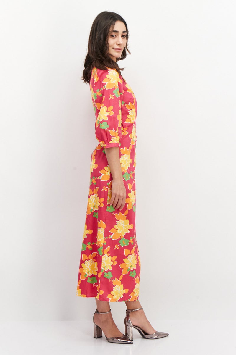 Women Allover Print Midi Dress, Pink Combo