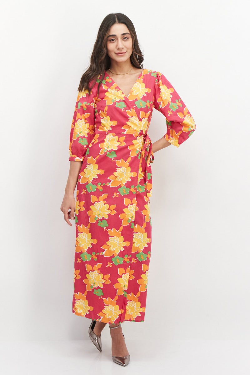 Women Allover Print Midi Dress, Pink Combo