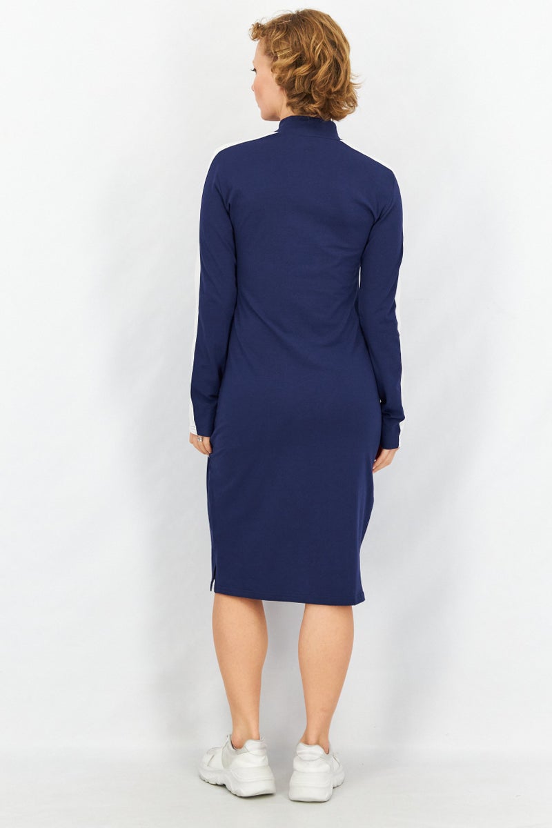 Women Sportswear Fit Long Sleeve Outdoor Midi Dress, Navy Combo