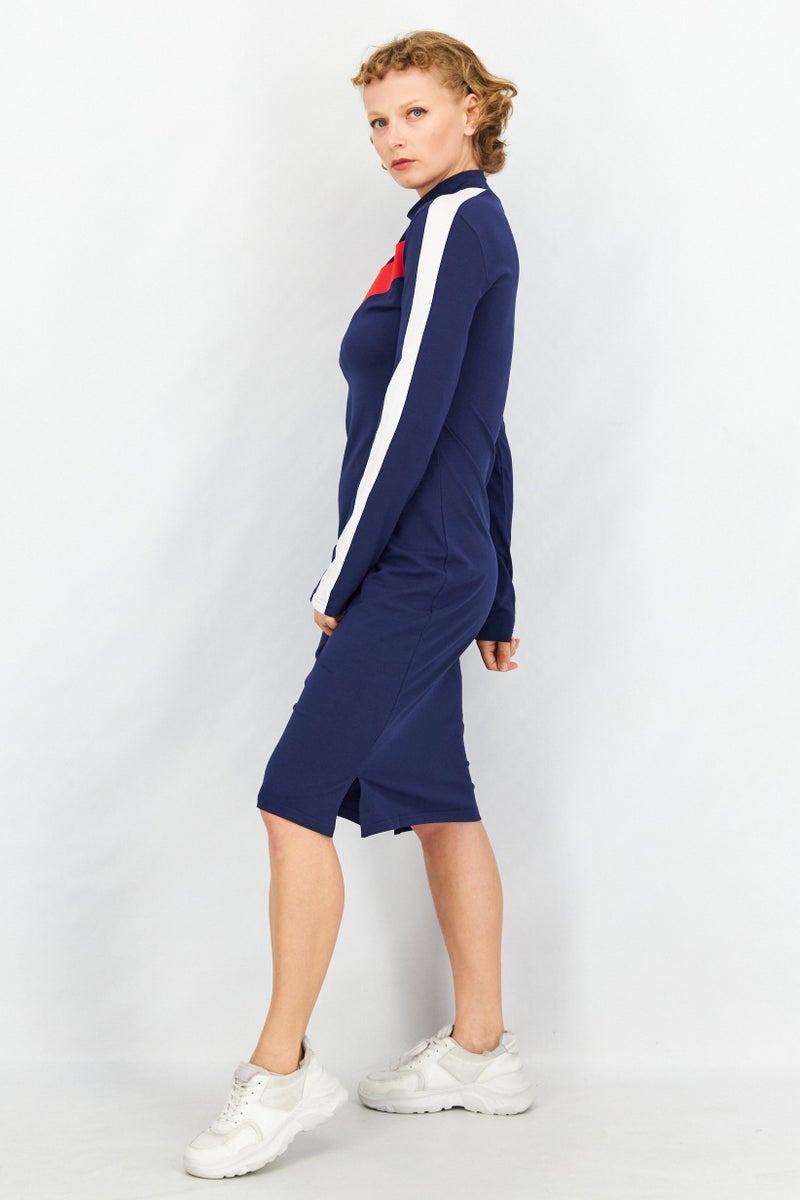 Women Sportswear Fit Long Sleeve Outdoor Midi Dress, Navy Combo