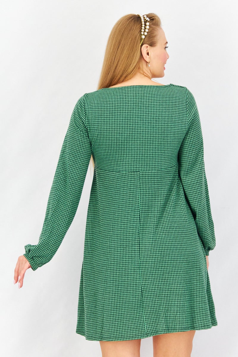 Women Micro Checkered Mini Casual  Dress, Green