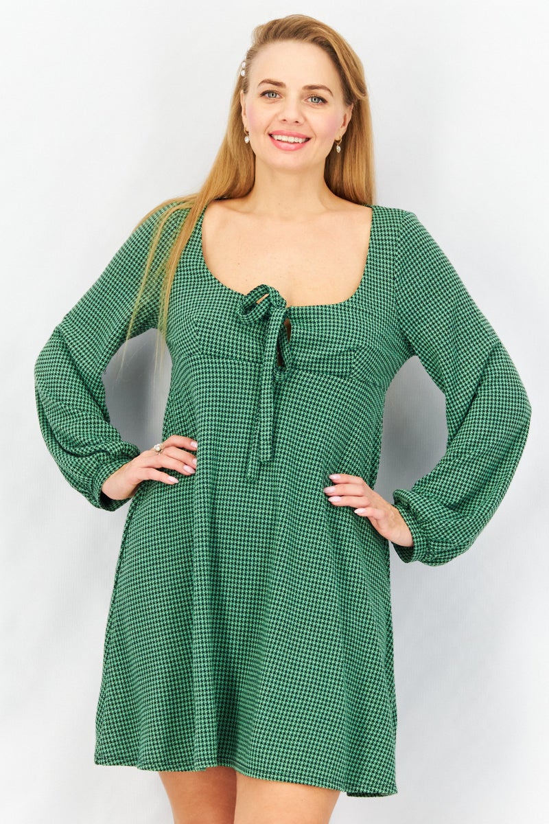 Women Micro Checkered Mini Casual  Dress, Green