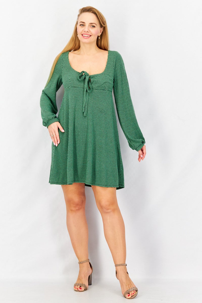 Women Micro Checkered Mini Casual  Dress, Green
