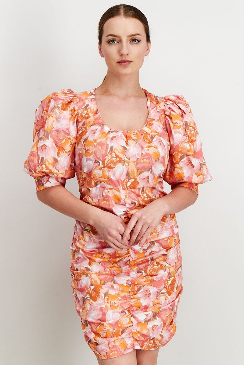 Women Floral Print Mini Dress, Pink/Orange