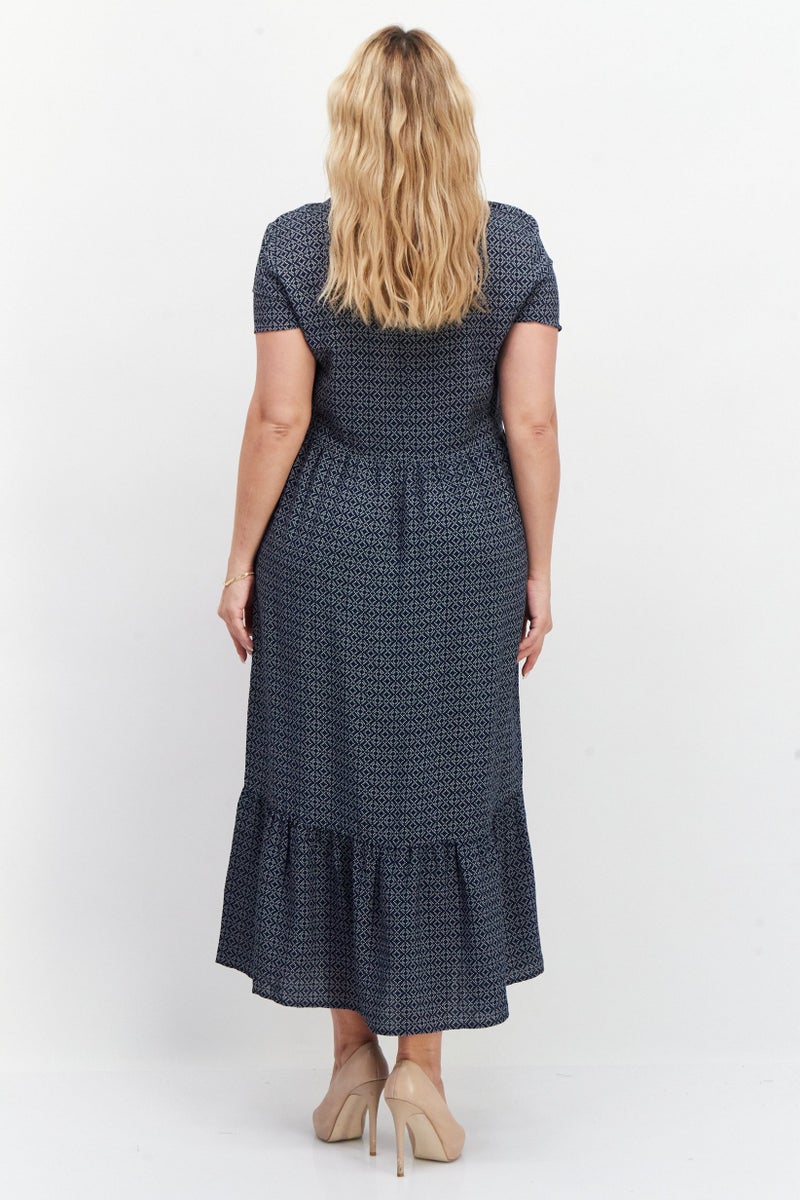 Women Allover Print Maxi Casual Dress, Navy Blue