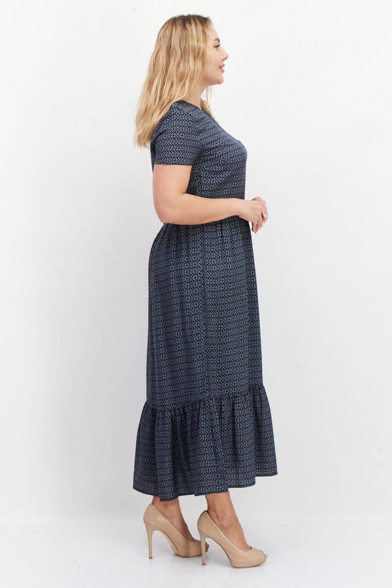 Women Allover Print Maxi Casual Dress, Navy Blue