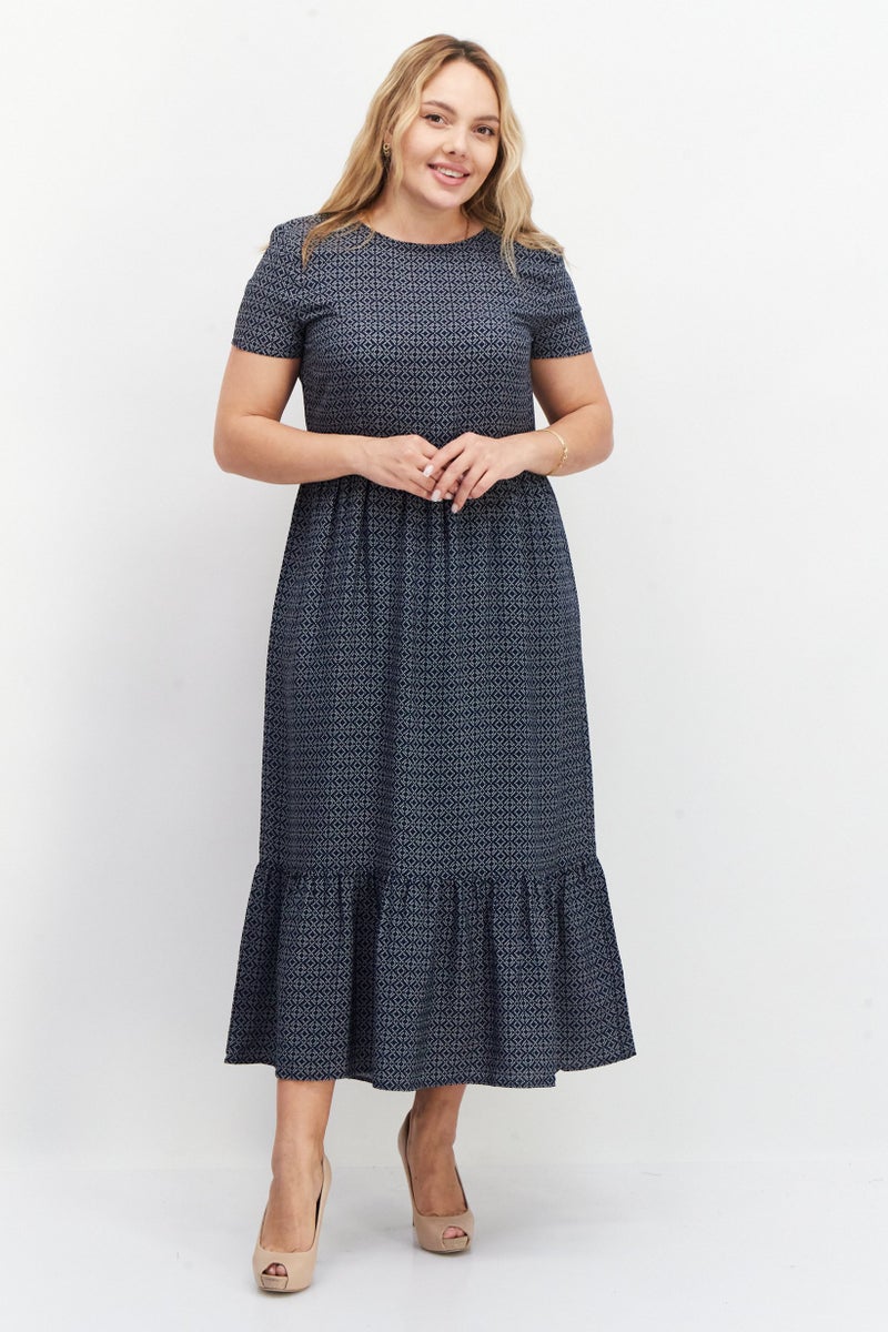 Women Allover Print Maxi Casual Dress, Navy Blue
