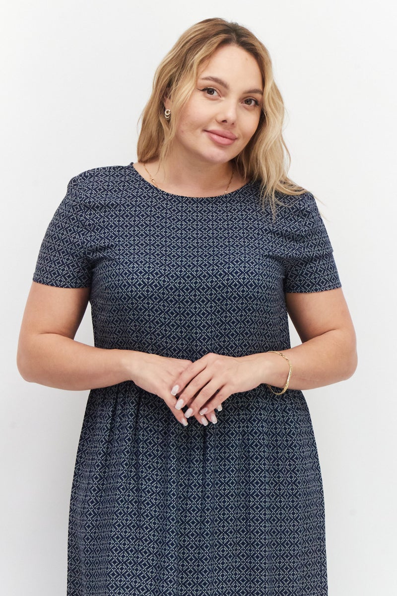 Women Allover Print Maxi Casual Dress, Navy Blue