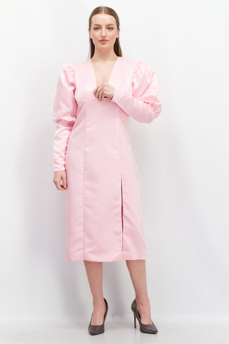 Women Solid Midi Dress, Pink