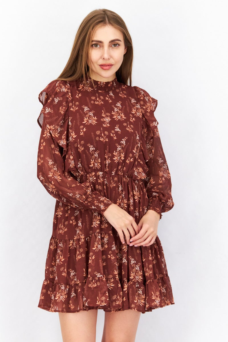 Women Long Sleeve Floral Mini Dress, Brown Combo