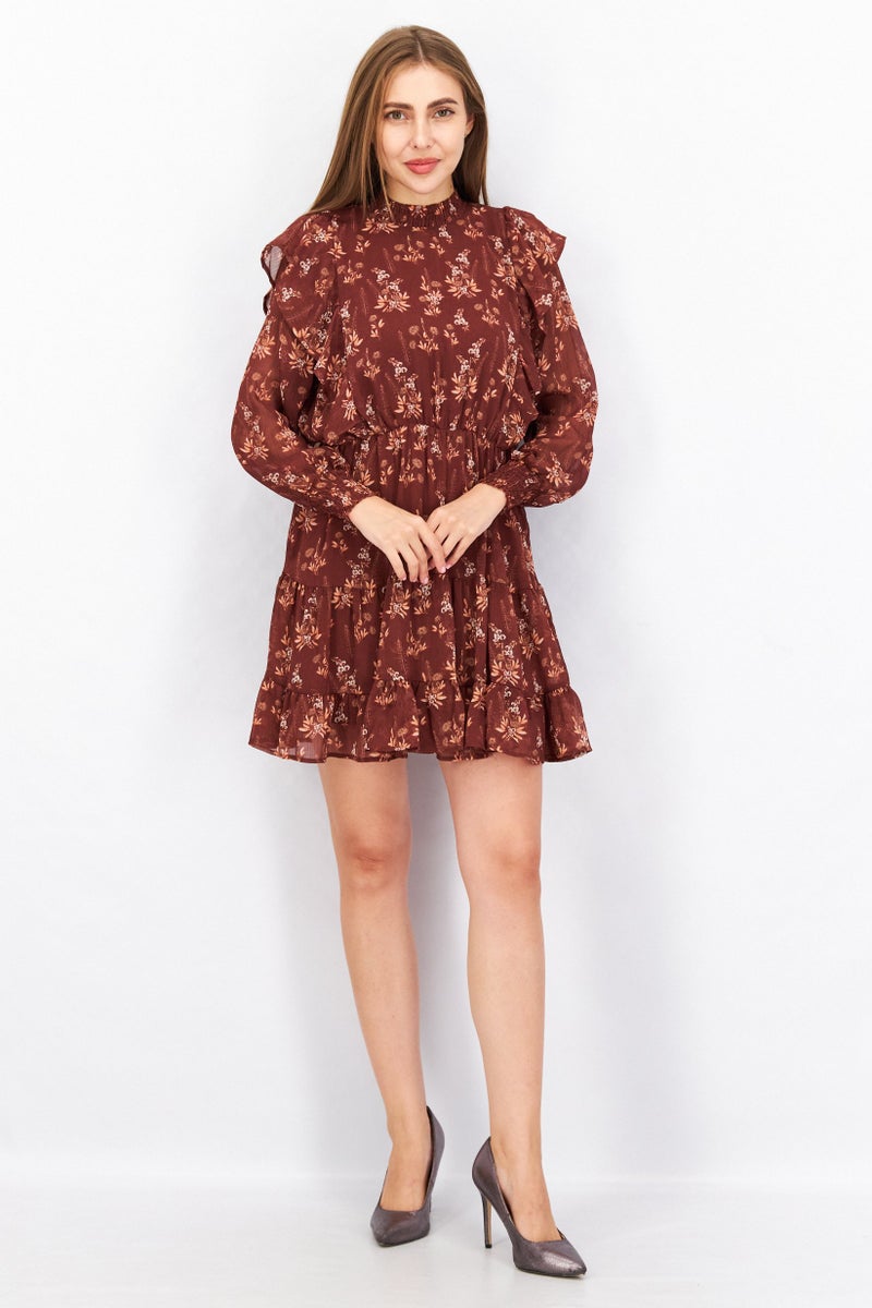 Women Long Sleeve Floral Mini Dress, Brown Combo