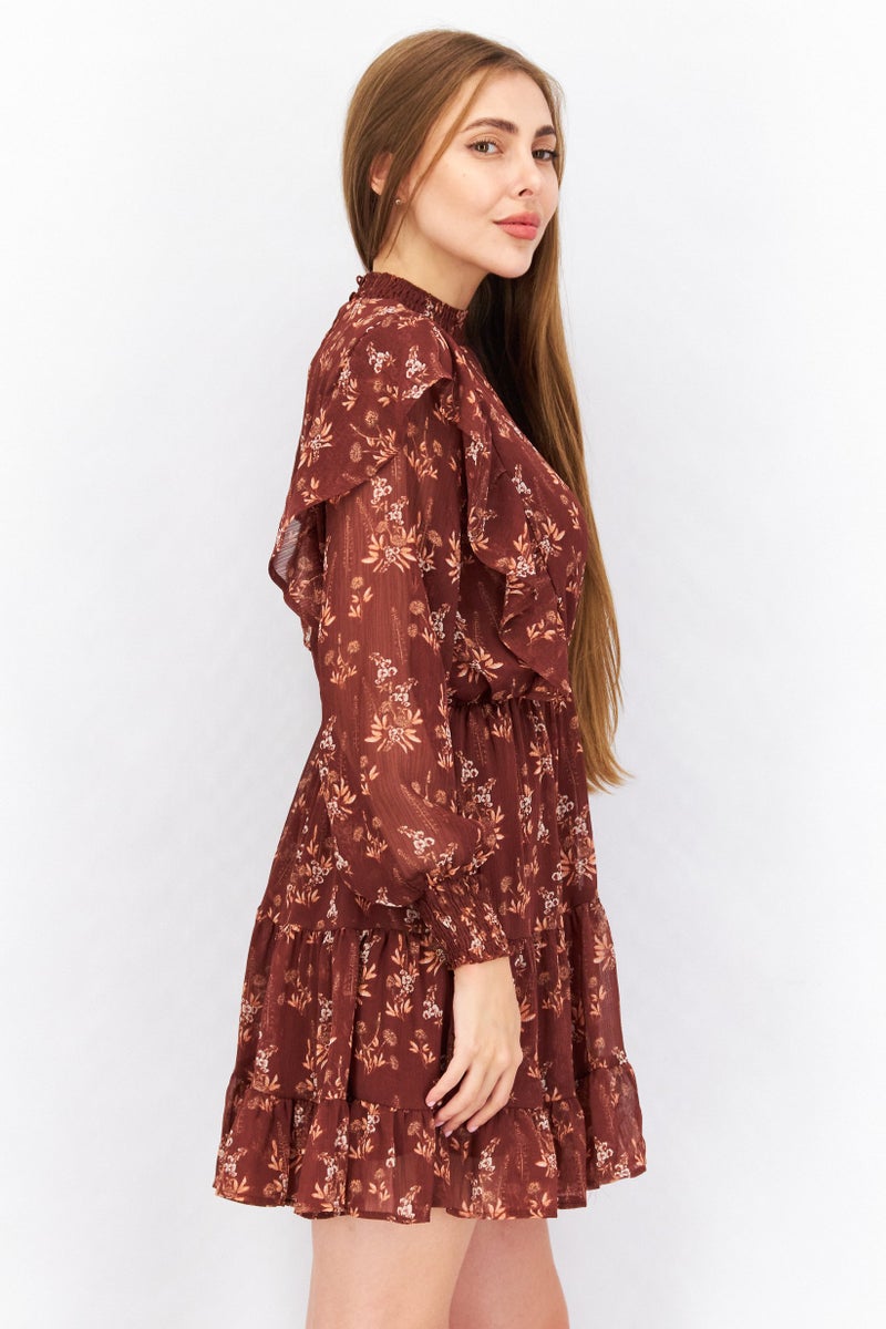 Women Long Sleeve Floral Mini Dress, Brown Combo