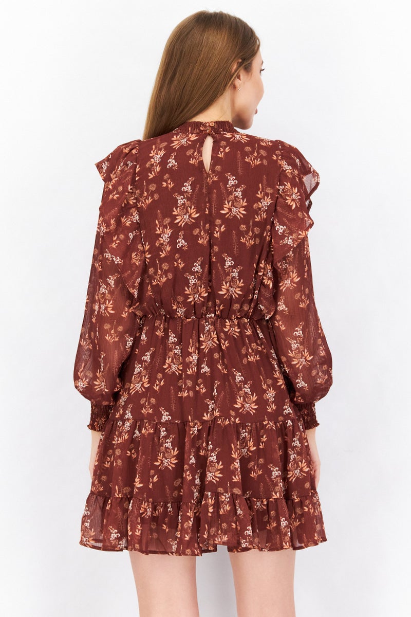 Women Long Sleeve Floral Mini Dress, Brown Combo