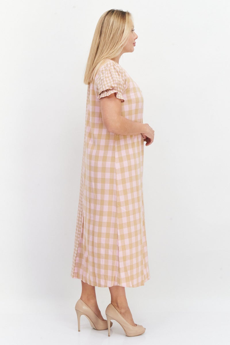 Women Check Print Maxi Casual Dress, Olive