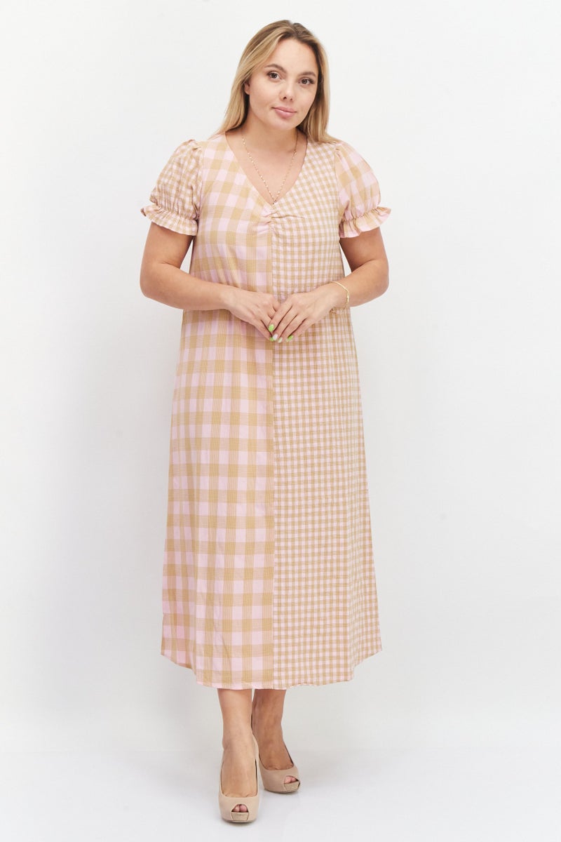 Women Check Print Maxi Casual Dress, Olive