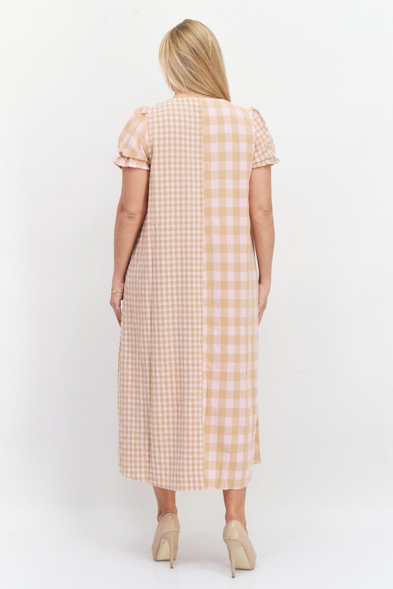 Women Check Print Maxi Casual Dress, Olive