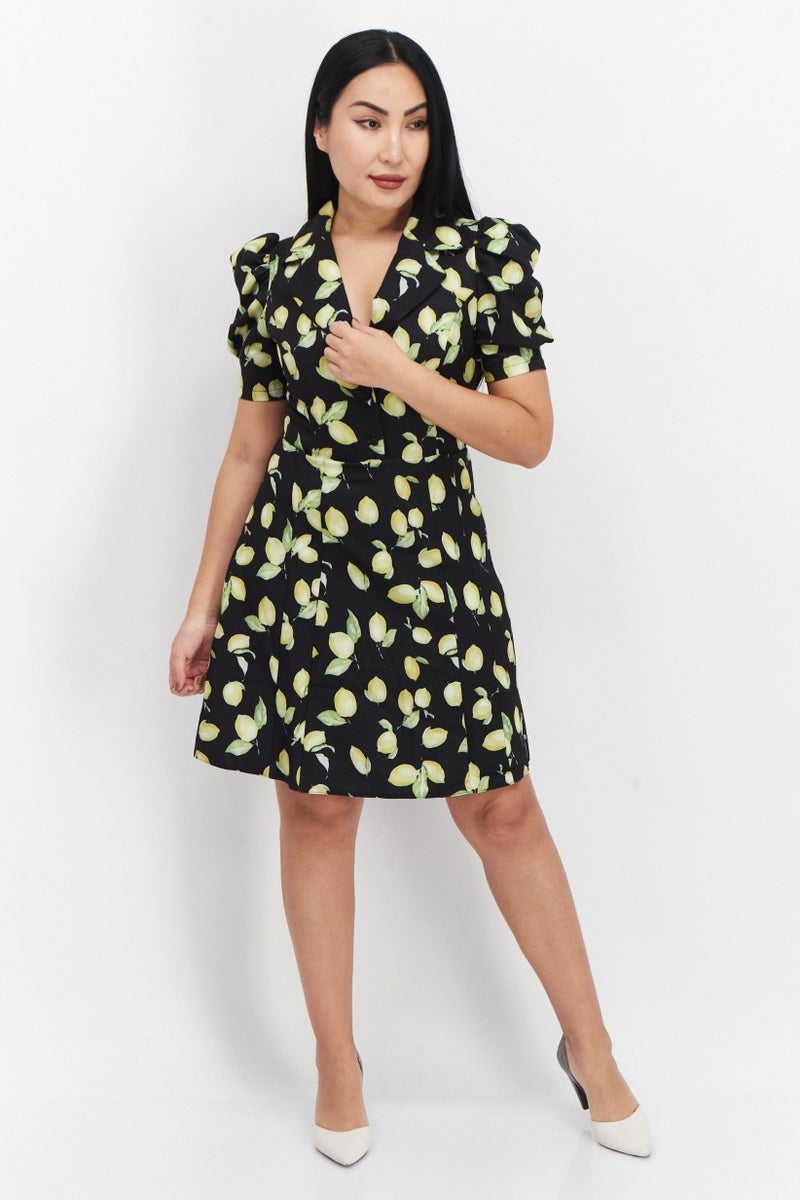 Women Allover Print Short Sleeve Midi Dress, Black