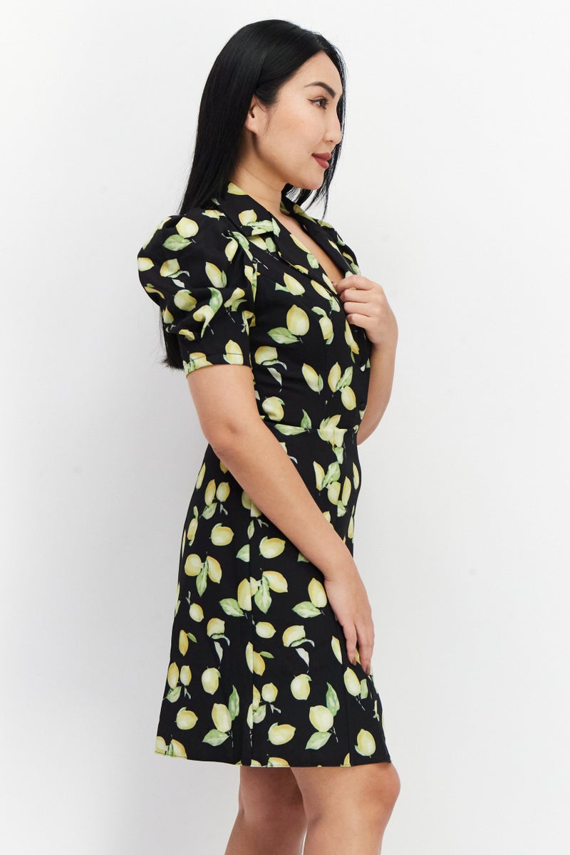 Women Allover Print Short Sleeve Midi Dress, Black