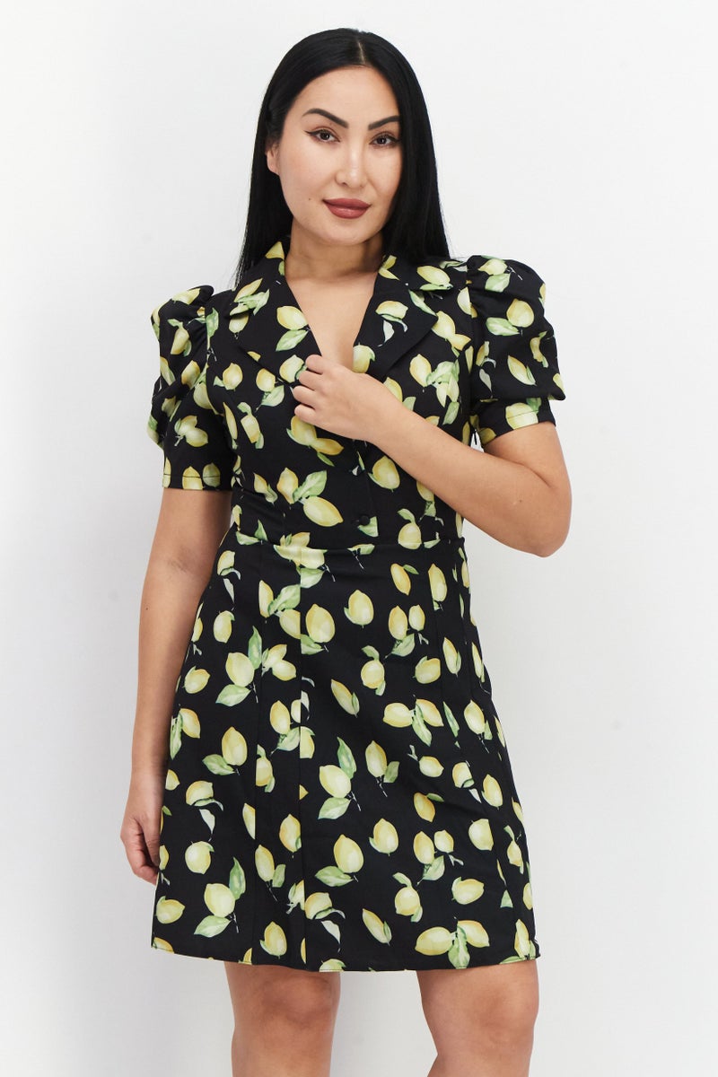 Women Allover Print Short Sleeve Midi Dress, Black