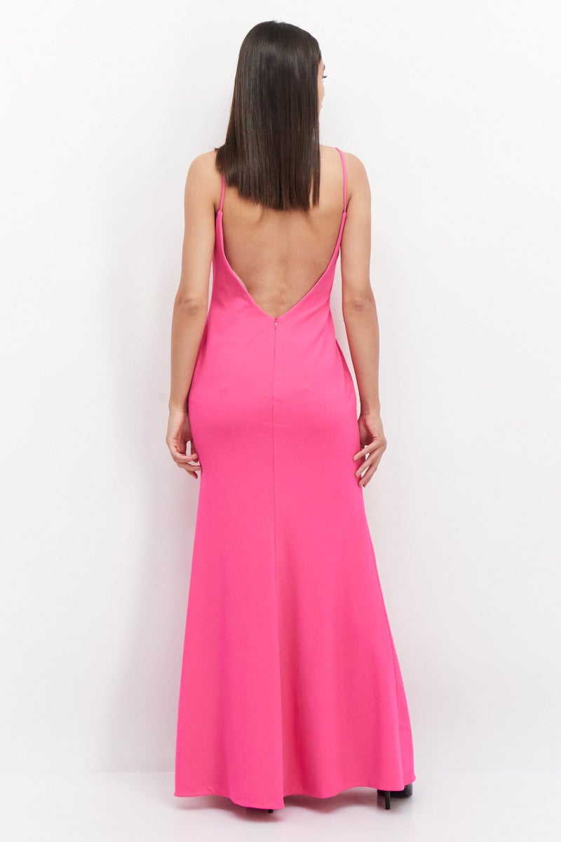 Women Solid Plunging Long Evening Dress, Dark Pink