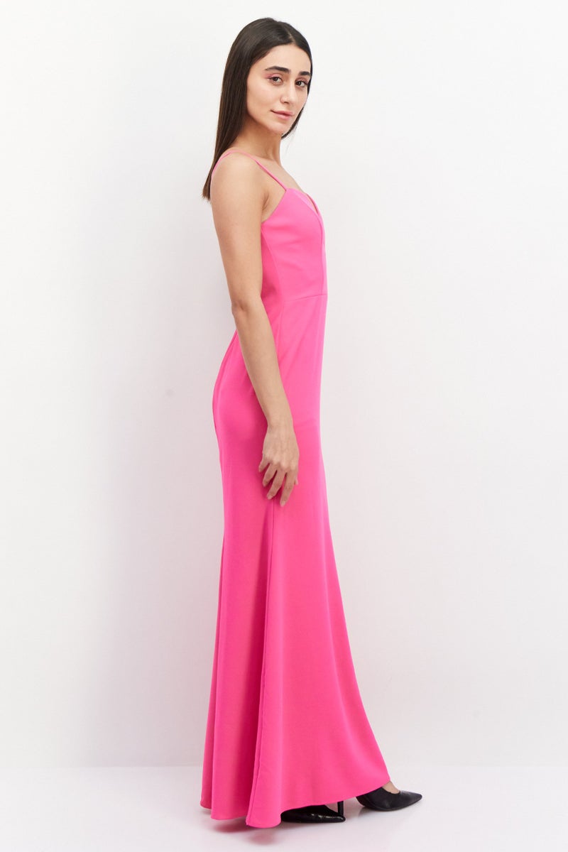 Women Solid Plunging Long Evening Dress, Dark Pink