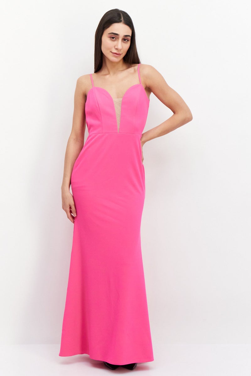 Women Solid Plunging Long Evening Dress, Dark Pink