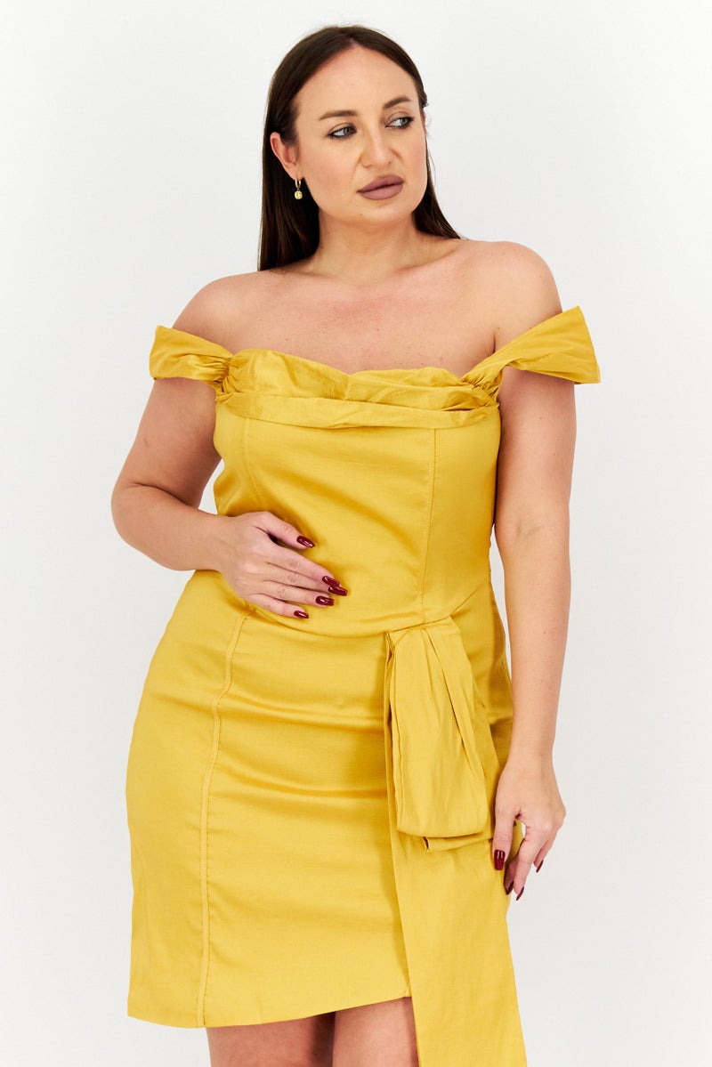 Women Plus Size  Plain Off Shoulder Mini Dress, Gold