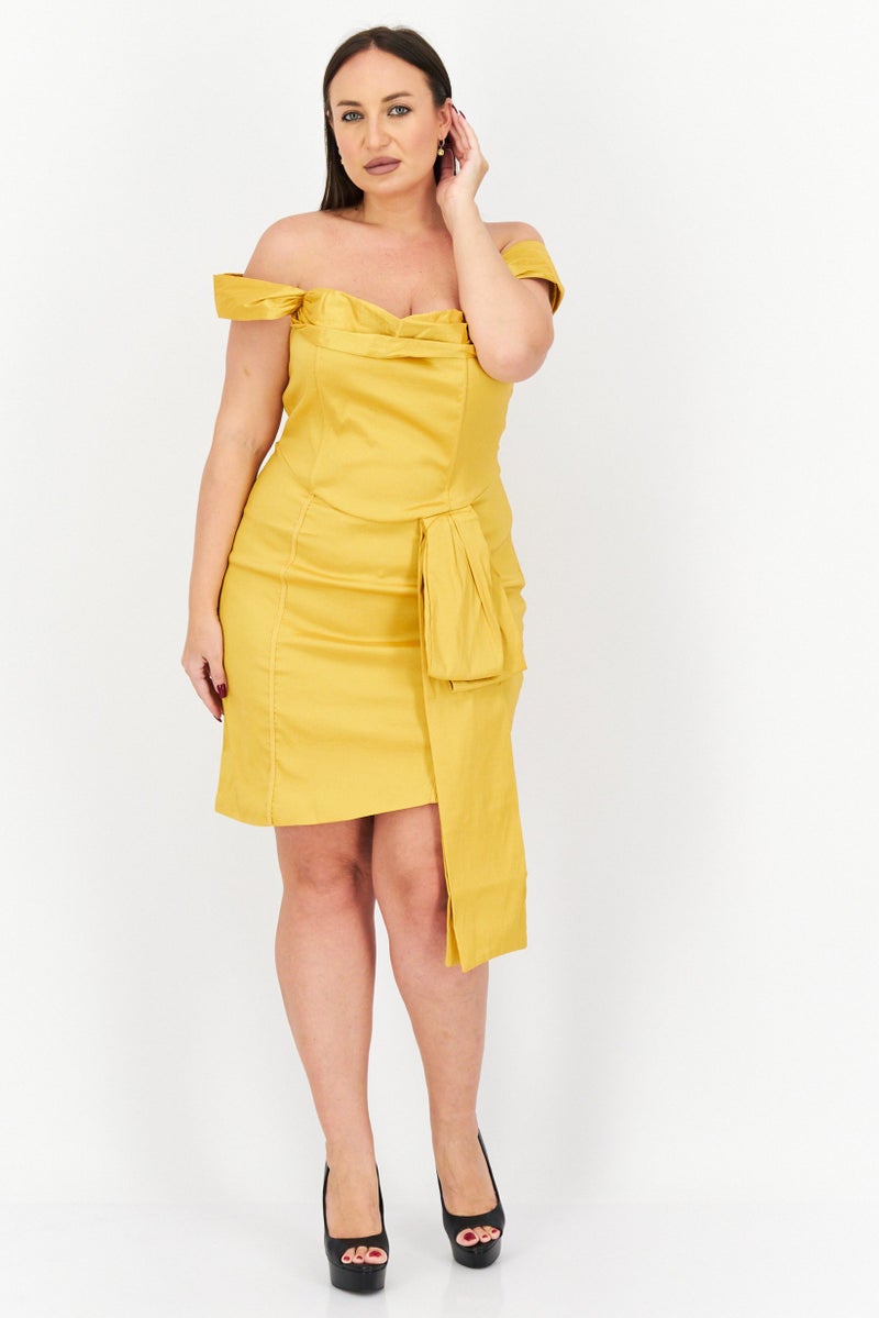 Women Plus Size  Plain Off Shoulder Mini Dress, Gold