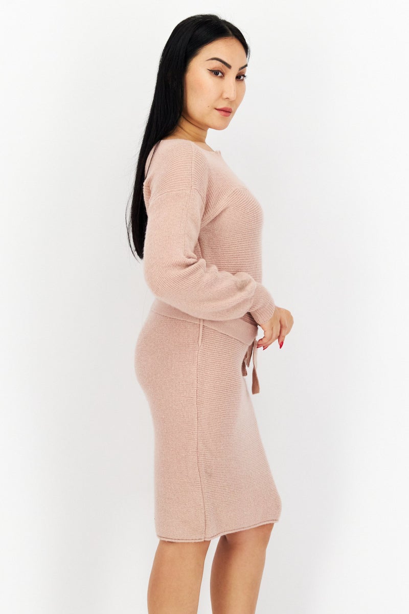 Women Belted Knitted Midi Dress, Pink