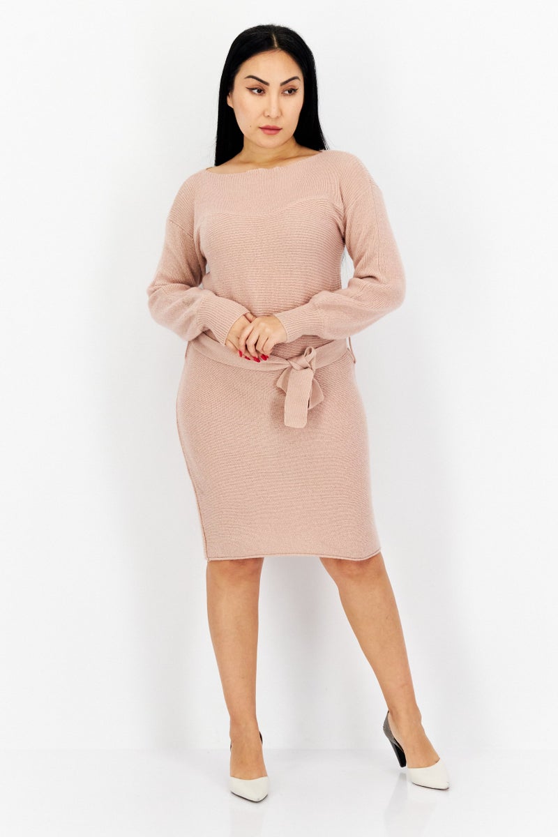 Women Belted Knitted Midi Dress, Pink