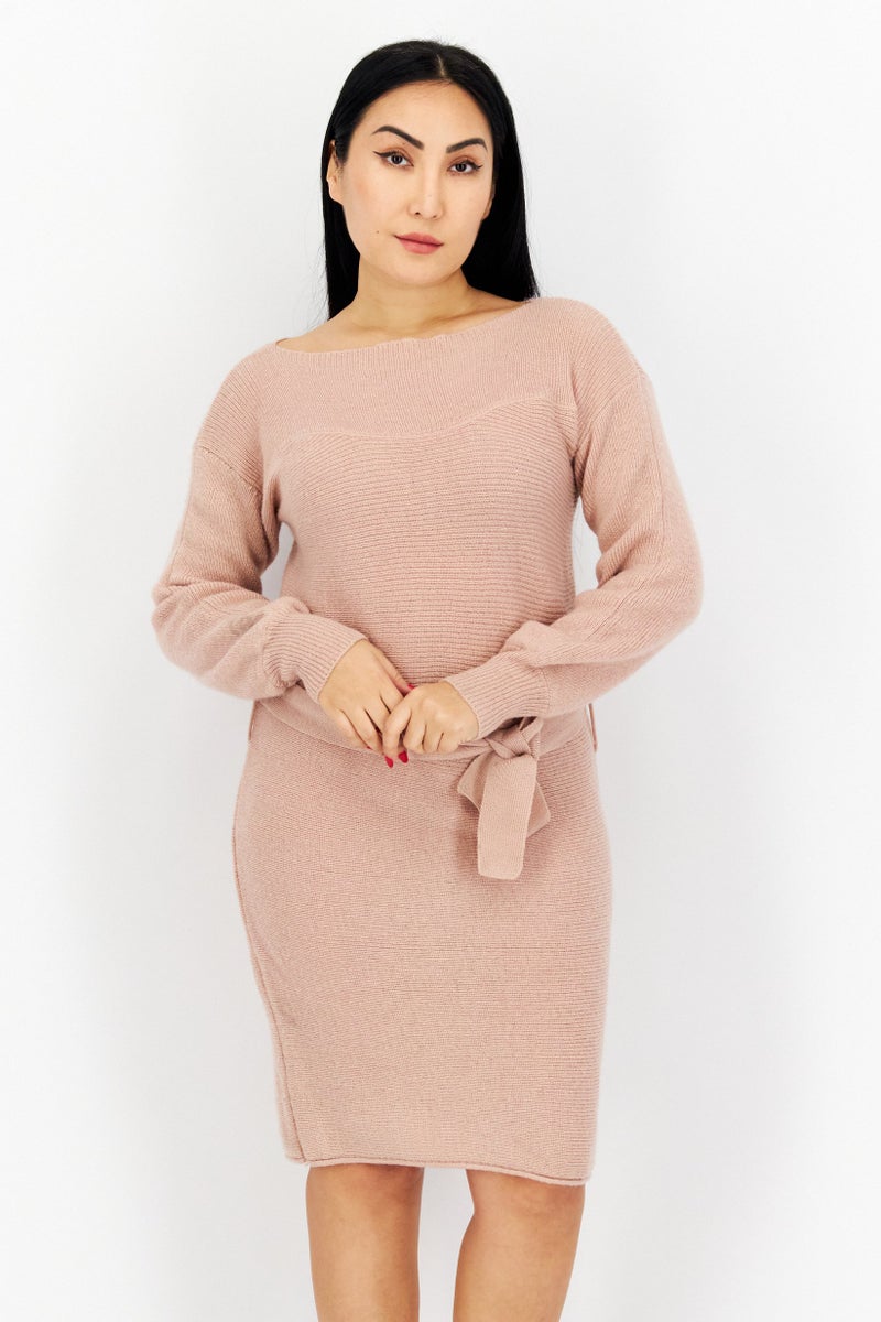 Women Belted Knitted Midi Dress, Pink